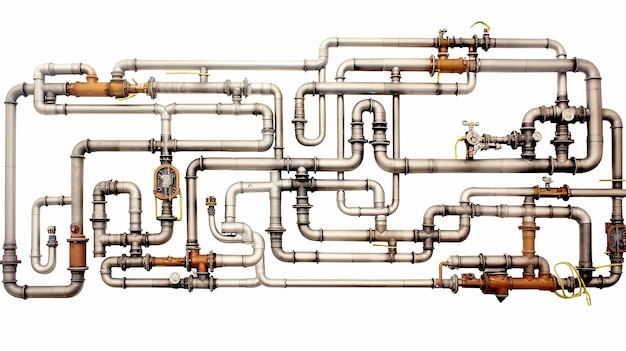 Isolado em um fundo branco é uma parede com tubos um sistema de abastecimento de água um sistema de fornecimento complexo um gasoduto um oleoduto de combustível válvulas e interruptores