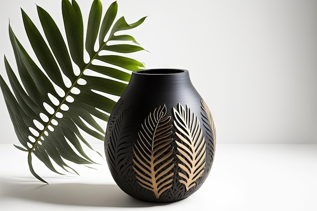 Foto isolado em um fundo branco está um vaso de madeira preto detalhes de um apartamento moderno projetado em estilo boêmio tropical