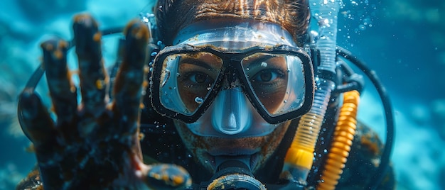 Foto isolado en fondo azul un buzo muestra la señal ok bajo el agua