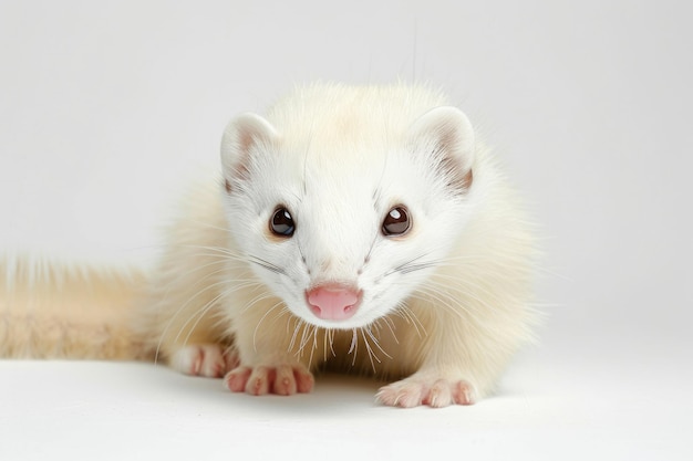 Foto isolado joven hurón polecat doméstico mamífero mascota con pelaje blanco en la toma de estudio