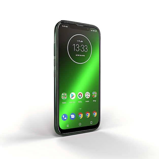 Foto isolado de motorola moto g7 power smartphone vista lateral haciendo hincapié en el fondo blanco limpio