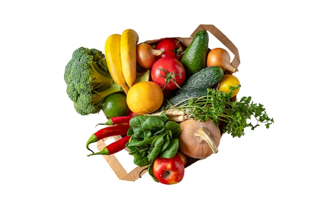 Isolado no mercado branco Saco de papel com vegetais e frutas