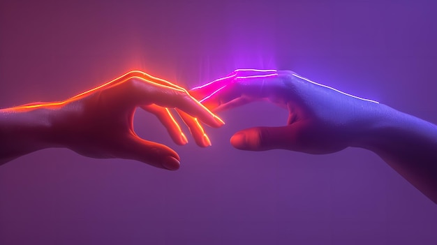 Isolados em um fundo roxo com luzes de néon, duas mãos humanas estendem-se para tocar uma na outra.