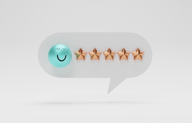 Isolar de cinco estrelas douradas dentro da caixa de mensagem com cara de sorriso Sistema de feedback do cliente ou cliente após o uso do produto e serviço por design de renderização 3d para aplicativo móvel