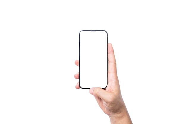 Isolat der Hand, die einen leeren Bildschirm des Smartphones auf weißem Hintergrund mit Beschneidungspfad für Mockup-Werbung und soziales Symbol hält