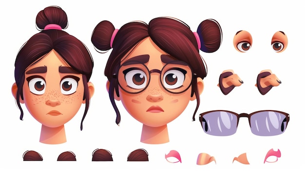 Foto isolated modern cartoon illustration of a young woman39s face color hairstyles ears eyes eyebrows mouth nose eyeglasses