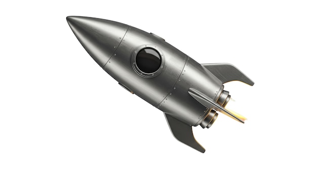 Isolated Silver Rocket with Exhaust Flames