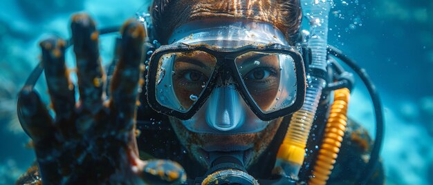 Foto isoliert auf blauem hintergrund zeigt ein taucher das ok-zeichen unter wasser