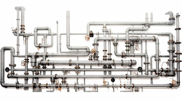 Isoliert auf einem weißen Hintergrund ist eine Wand mit Rohren ein Wasserversorgungssystem ein komplexes Versorgungssystem eine Gasleitung eine Kraftstoffleitung Ventile und Schalter