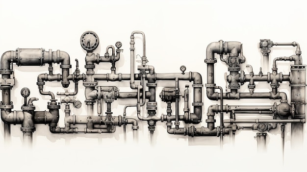 Isoliert auf einem weißen Hintergrund ist eine Wand mit Rohren ein Wasserversorgungssystem ein komplexes Versorgungssystem eine Gasleitung eine Kraftstoffleitung Ventile und Schalter