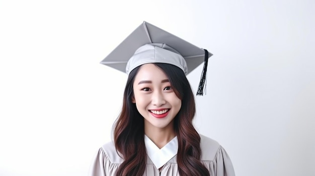 Isoliert auf einem weißen Hintergrund. Schöne attraktive asiatische Frau mit Abschluss in Mütze und Talar, lächelnd, so stolz und glücklich. Bildungserfolgskonzept. GENERATE AI