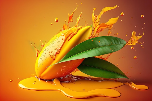 Isoliert auf gelbem Hintergrund wird eine frische reife Mango mit Blättern mit Wasser bespritzt