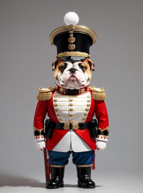 Isoliert auf weißem Hintergrund ein Ganzkörper-Bulldogge-Soldat-Nussknacker