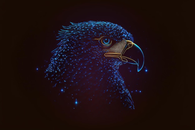 Isoliert im Schwarzen eines amerikanischen Adlerkopfes mit einem blau leuchtenden Strichgrafik-Illustrationsdesign.