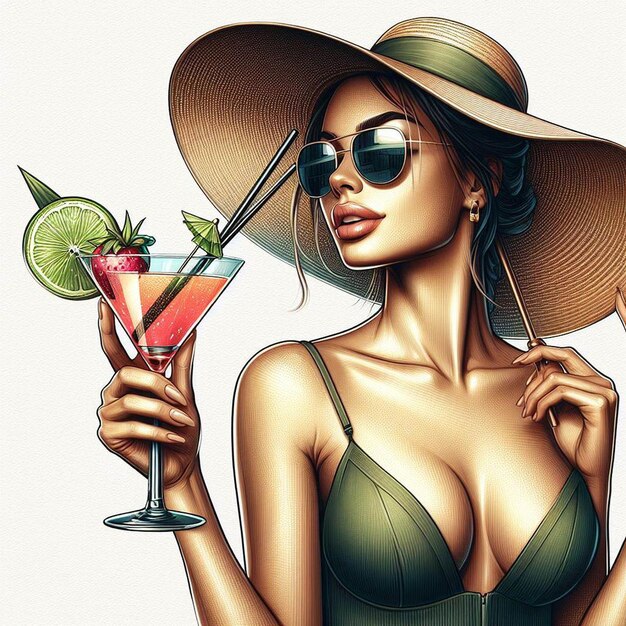 isoliert Schöne Frau Lächelt Getränke Cocktail Margherita Hyperrealistische Vektorkunst Illustration Bild