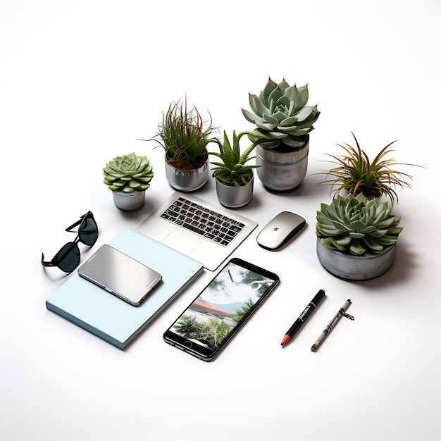 Isoliert von Laptop-Smartphone-Stift und Sukkulentenpflanze auf Nomad Visa Remote Job Travel Design 0