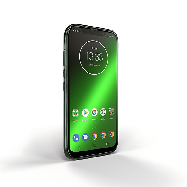 Isoliert von Motorola Moto G7 Power Smartphone Seitensicht mit Schwerpunkt auf weißem Hintergrund Rein