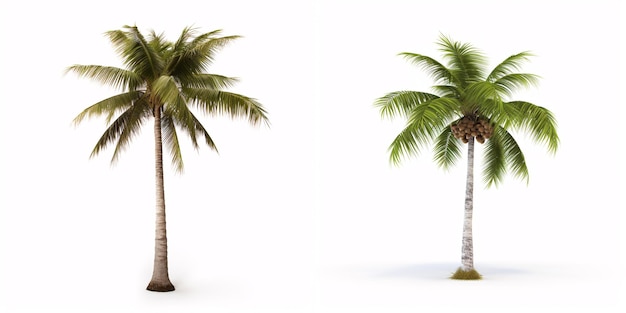 Isoliert vor einem weißen Hintergrund steht eine einsame Kokospalme, ein Symbol der Tropen