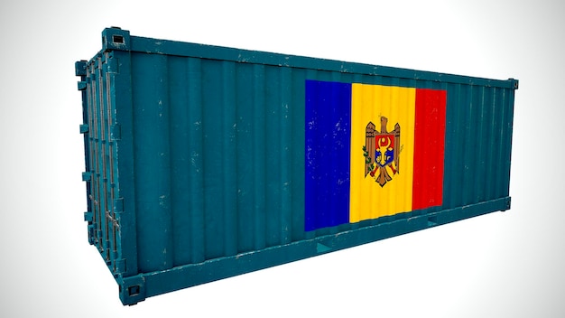 Isolierte 3D-Darstellung von Seefrachtcontainern, die mit der Nationalflagge Moldawiens strukturiert sind