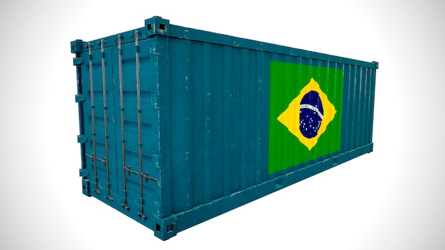 Isolierte 3D-Darstellung von Seefrachtcontainern mit brasilianischer Nationalflagge