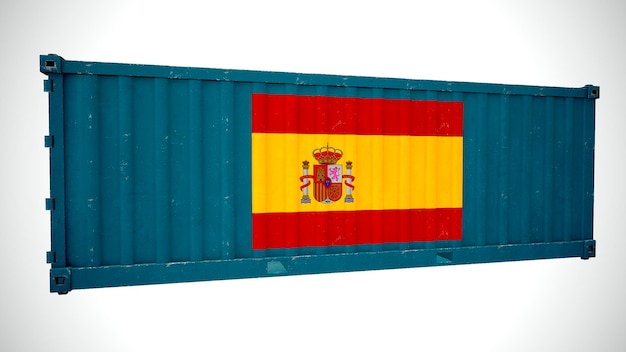 Isolierte 3D-Darstellung von Seefrachtcontainern mit Nationalflagge von Espana