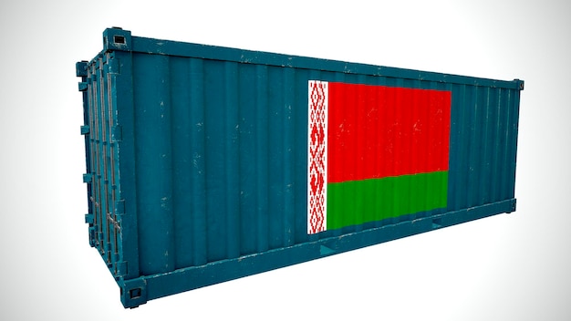 Isolierte 3D-Darstellung von Seefrachtcontainern mit Nationalflagge von Weißrussland