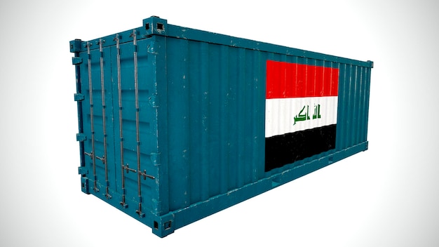 Isolierte 3D-Darstellung von Seefrachtcontainern mit Nationalflaggen des Irak