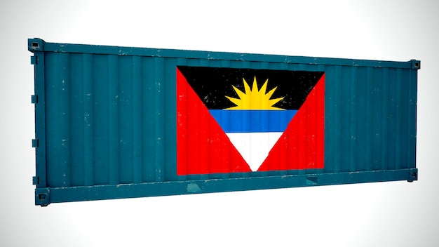 Isolierte 3D-Darstellung von Seefrachtcontainern mit Nationalflaggen von Antigua und Barbuda