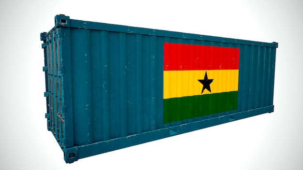 Isolierte 3D-Darstellung von Seefrachtcontainern mit texturierter Nationalflagge von Ghana