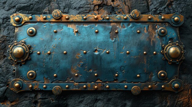 Isolierte 3D-Digitalillustration eines alterten blauen Metallbanners mit Steampunk-Ausrüstung