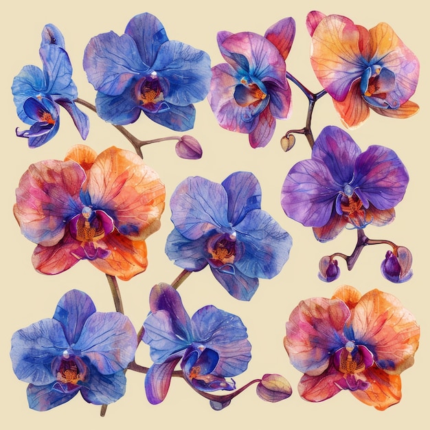 Foto isolierte aquarell-orchideeblumen, die von hand für einladungen und karten gemalt wurden
