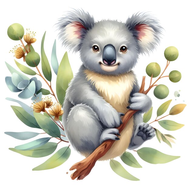 Foto isolierte aquarellillustration eines niedlichen koala-bären mit eukalyptusblättern auf weißem hintergrund