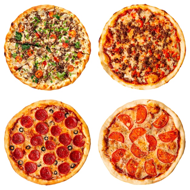 Foto isolierte collage aus verschiedenen pizzasorten