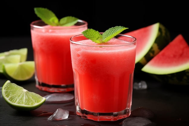 Isolierte frisch gepresste Wassermelone frisch gesundes erfrischendes Getränk mit Limette auf dunklem Hintergrund Generative KI