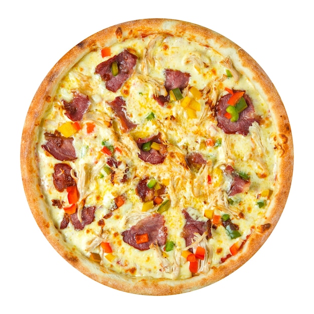 Isolierte frische Pizza mit verschiedenen Belägen