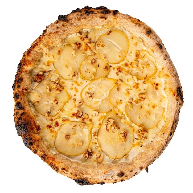 Isolierte gebackene Pizza mit Birnen und Käse