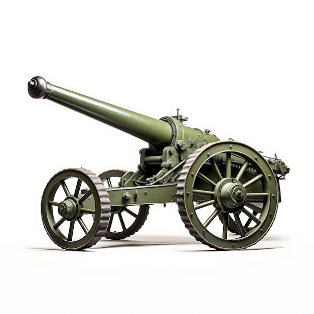 Isolierte Haubitzer-Artillerie Long Barrel Sage Grün auf Weiß auf Weißem Hintergrund Militärkonzept