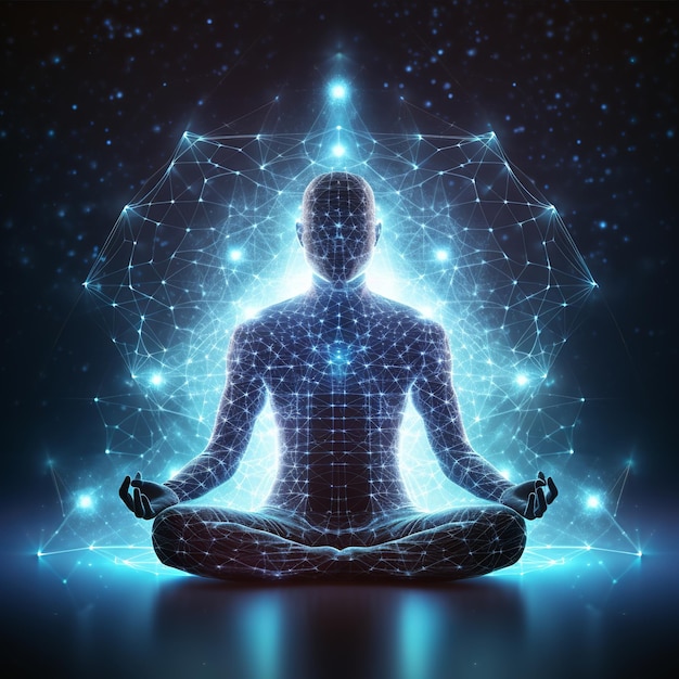 isolierte Illustration der Yoga-Lotus-Pose-Ikonen mit blauer neuronaler Verbindung