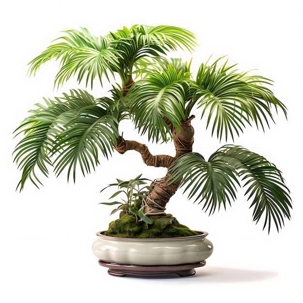 Isolierte Palm Bonsai Baum Keramik Topf Ventilator geformte Blätter Tropische Beak auf Weiß BG Japan Chinesische Kunst