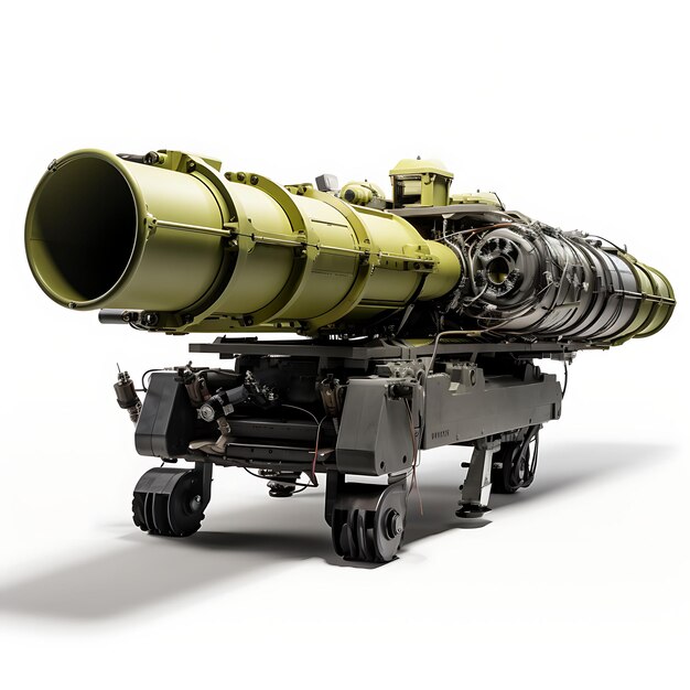 Isolierte Panzerabwehrraketen-Lenkrakete, zylindrische Olive auf weißem Hintergrund, militärisches Konzept