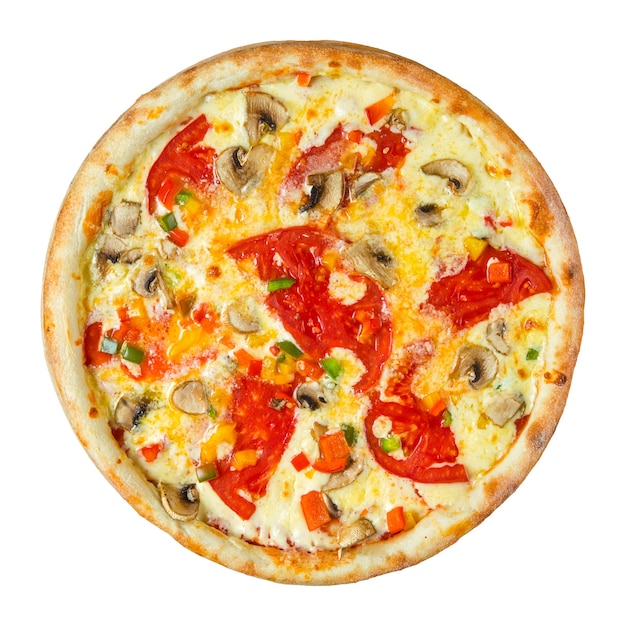 Isolierte Pizza mit Pilzen und Tomaten