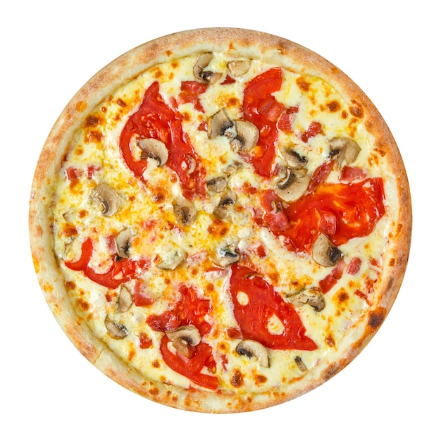 Isolierte Pizza mit Pilzen und Tomaten