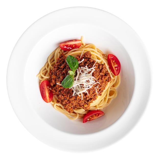 Isolierte Portion Bolognese-Spaghetti-Teller