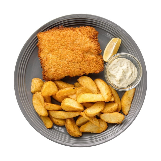 Isolierte Portion gebratener Fish and Chips