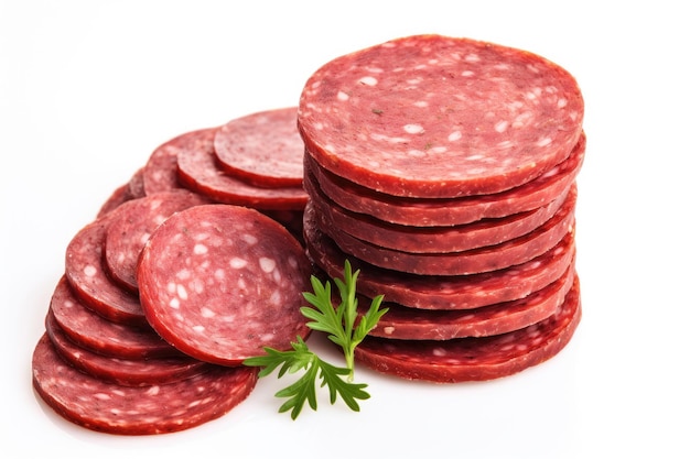 Isolierte Scheiben geräucherter Wurstsalami auf weißem Hintergrund