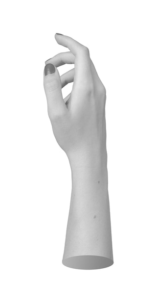 Isolierte weibliche Hand mit ausgestrecktem Zeigefinger, die nach vorne reicht, als ob sie ein digitales Gerät berühren oder aktivieren möchte