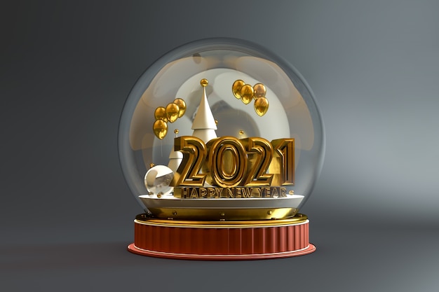 Isolierte Weihnachtskugel mit Neujahr 2021 in Gold innen auf grauem Hintergrund