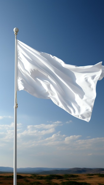 Isolierte weiße Flagge an einem Fahnenmast, Nahaufnahme, die im Wind flattert. Vertikale mobile Tapete