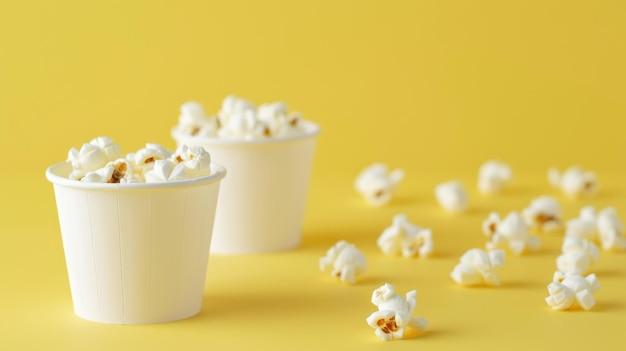 Isolierte weiße Popcornbecher gegen gelben Hintergrund ideal für Branding