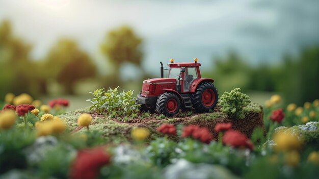 Isolierter 3D-Bauernhof mit Traktor und Nutzpflanzen Landwirtschaftsinsel Intelligentes Landwirtschaftskonzept